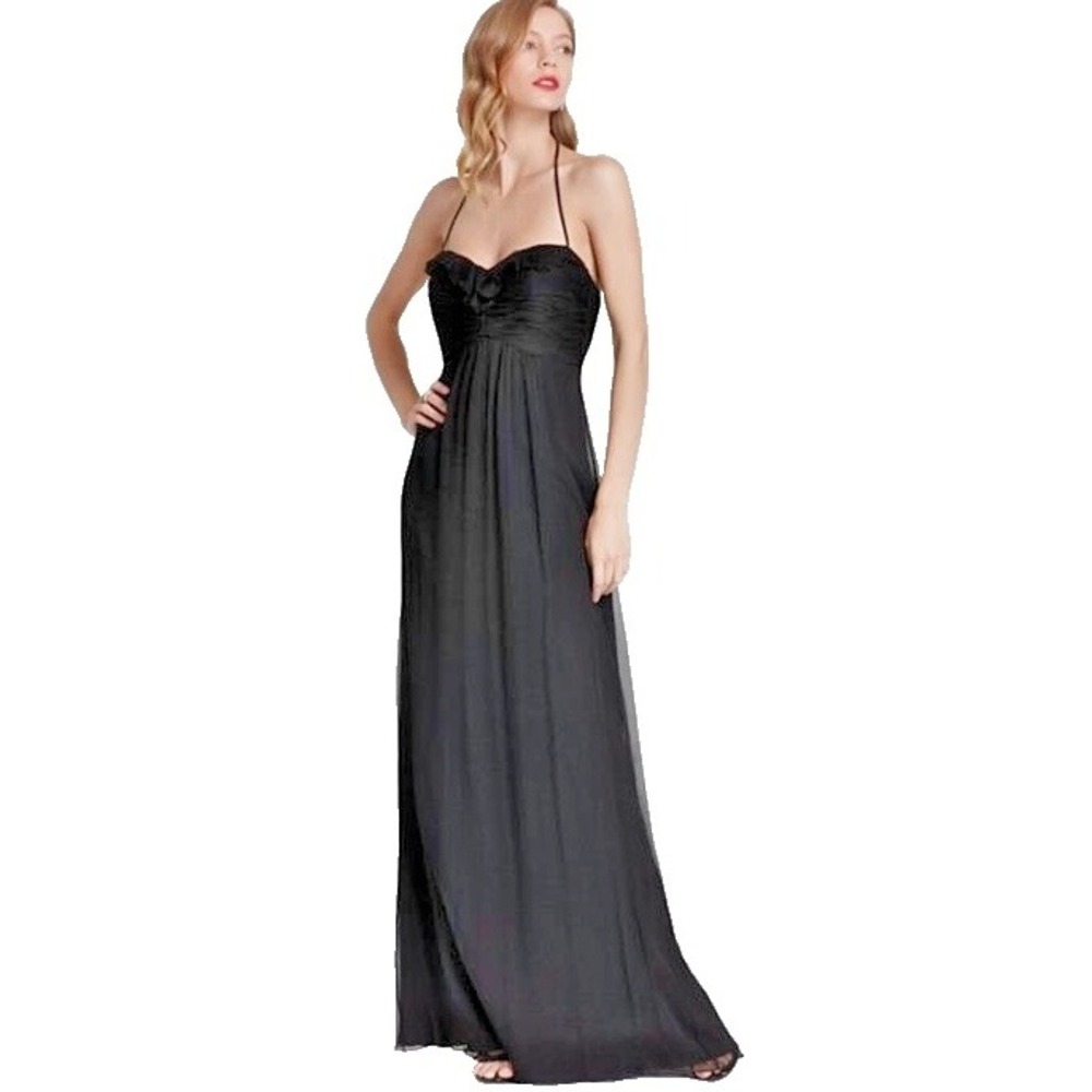 Amsale Black Silk Ruffle Trim Chiffon Halter Formal Gown Maxi Dress Bridal 6